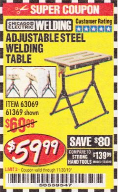 Harbor Freight Coupon ADJUSTABLE STEEL WELDING TABLE Lot No. 63069/61369 Expired: 11/30/19 - $59.99