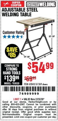 Harbor Freight Coupon ADJUSTABLE STEEL WELDING TABLE Lot No. 63069/61369 Expired: 2/23/20 - $54.99