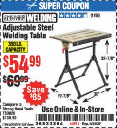 Harbor Freight Coupon ADJUSTABLE STEEL WELDING TABLE Lot No. 63069/61369 Expired: 9/24/20 - $54.99