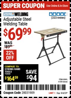 Harbor Freight Coupon ADJUSTABLE STEEL WELDING TABLE Lot No. 63069/61369 Expired: 9/4/23 - $69.99