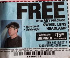 Harbor Freight FREE Coupon HEADLAMP WITH SWIVEL LENS Lot No. 45807/61319/63598/62614 Expired: 6/25/18 - FWP