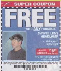 Harbor Freight FREE Coupon HEADLAMP WITH SWIVEL LENS Lot No. 45807/61319/63598/62614 Expired: 8/22/18 - FWP
