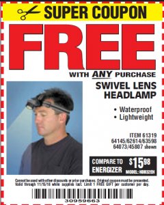 Harbor Freight FREE Coupon HEADLAMP WITH SWIVEL LENS Lot No. 45807/61319/63598/62614 Expired: 11/15/18 - FWP