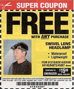 Harbor Freight FREE Coupon HEADLAMP WITH SWIVEL LENS Lot No. 45807/61319/63598/62614 Expired: 10/17/18 - FWP