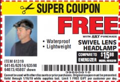 Harbor Freight FREE Coupon HEADLAMP WITH SWIVEL LENS Lot No. 45807/61319/63598/62614 Expired: 1/16/19 - FWP