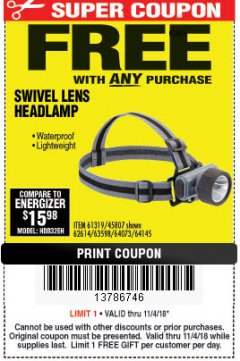 Harbor Freight FREE Coupon HEADLAMP WITH SWIVEL LENS Lot No. 45807/61319/63598/62614 Expired: 11/4/18 - FWP