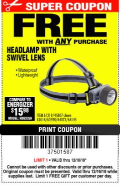 Harbor Freight FREE Coupon HEADLAMP WITH SWIVEL LENS Lot No. 45807/61319/63598/62614 Expired: 12/16/18 - FWP