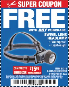 Harbor Freight FREE Coupon HEADLAMP WITH SWIVEL LENS Lot No. 45807/61319/63598/62614 Expired: 5/6/19 - FWP