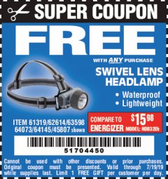 Harbor Freight FREE Coupon HEADLAMP WITH SWIVEL LENS Lot No. 45807/61319/63598/62614 Expired: 7/19/19 - FWP