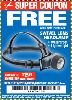 Harbor Freight FREE Coupon HEADLAMP WITH SWIVEL LENS Lot No. 45807/61319/63598/62614 Expired: 8/15/19 - FWP