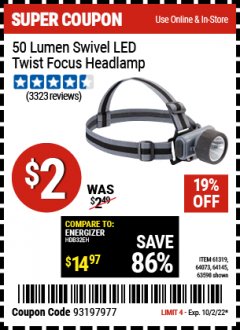 Harbor Freight Coupon HEADLAMP WITH SWIVEL LENS Lot No. 45807/61319/63598/62614 Expired: 10/2/22 - $2