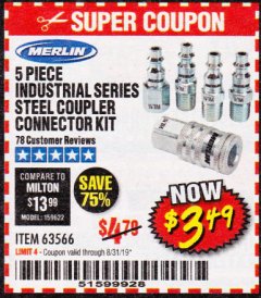 Harbor Freight Coupon 5 PIECE STEEL COUPLER CONNECTOR KIT INDUSTRIAL SERIES Lot No. 63566 Expired: 8/31/19 - $3.49