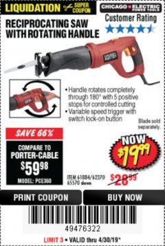 Harbor Freight Coupon 6 AMP HEAVY DUTY RECIPROCATING SAW Lot No. 61884/65570/62370 Expired: 4/30/19 - $19.99
