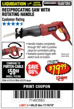 Harbor Freight Coupon 6 AMP HEAVY DUTY RECIPROCATING SAW Lot No. 61884/65570/62370 Expired: 11/10/19 - $19.99