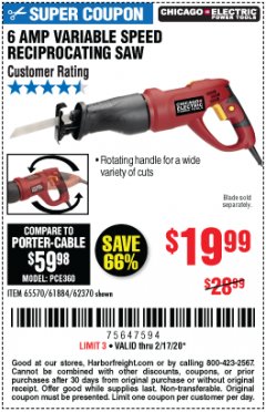 Harbor Freight Coupon 6 AMP HEAVY DUTY RECIPROCATING SAW Lot No. 61884/65570/62370 Expired: 2/17/20 - $19.99
