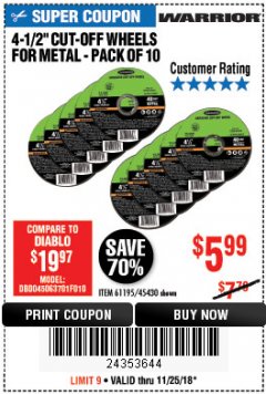 Harbor Freight Coupon WARRIOR 4-1/2" CUT-OFF WHEELS FOR METAL - PACK OF 10 Lot No. 61195/45430 Expired: 11/25/18 - $5.99