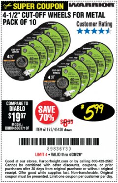 Harbor Freight Coupon WARRIOR 4-1/2" CUT-OFF WHEELS FOR METAL - PACK OF 10 Lot No. 61195/45430 Expired: 6/30/20 - $5.99