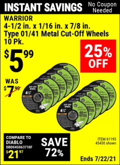 Harbor Freight Coupon WARRIOR 4-1/2" CUT-OFF WHEELS FOR METAL - PACK OF 10 Lot No. 61195/45430 Expired: 7/22/21 - $5.99