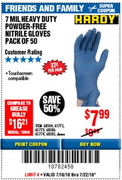 Harbor Freight Coupon 7 MIL HEAVY DUTY POWDER-FREE NITRILE GLOVES PACK OF 50 Lot No. 68504/61775/61773/68506/61774/68505 Expired: 7/22/18 - $7.99