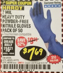 Harbor Freight Coupon 7 MIL HEAVY DUTY POWDER-FREE NITRILE GLOVES PACK OF 50 Lot No. 68504/61775/61773/68506/61774/68505 Expired: 8/31/18 - $7.69