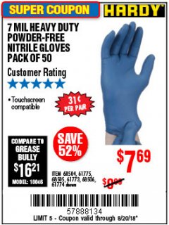 Harbor Freight Coupon 7 MIL HEAVY DUTY POWDER-FREE NITRILE GLOVES PACK OF 50 Lot No. 68504/61775/61773/68506/61774/68505 Expired: 8/20/18 - $7.69