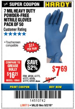Harbor Freight Coupon 7 MIL HEAVY DUTY POWDER-FREE NITRILE GLOVES PACK OF 50 Lot No. 68504/61775/61773/68506/61774/68505 Expired: 9/2/18 - $7.69