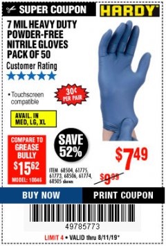 Harbor Freight Coupon 7 MIL HEAVY DUTY POWDER-FREE NITRILE GLOVES PACK OF 50 Lot No. 68504/61775/61773/68506/61774/68505 Expired: 8/11/19 - $7.49