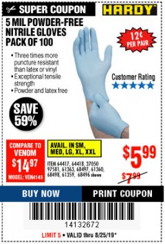 Harbor Freight Coupon 7 MIL HEAVY DUTY POWDER-FREE NITRILE GLOVES PACK OF 50 Lot No. 68504/61775/61773/68506/61774/68505 Expired: 8/25/19 - $5.99