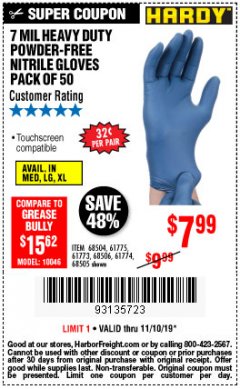 Harbor Freight Coupon 7 MIL HEAVY DUTY POWDER-FREE NITRILE GLOVES PACK OF 50 Lot No. 68504/61775/61773/68506/61774/68505 Expired: 11/10/19 - $7.99