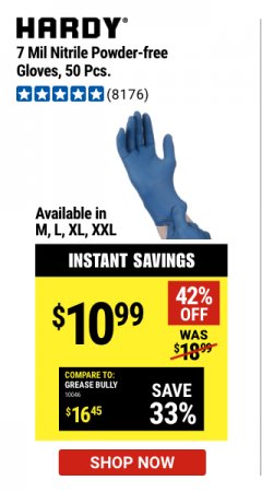 Harbor Freight Coupon 7 MIL HEAVY DUTY POWDER-FREE NITRILE GLOVES PACK OF 50 Lot No. 68504/61775/61773/68506/61774/68505 Expired: 3/24/22 - $10.99