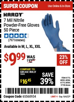 Harbor Freight Coupon 7 MIL HEAVY DUTY POWDER-FREE NITRILE GLOVES PACK OF 50 Lot No. 68504/61775/61773/68506/61774/68505 Expired: 9/4/22 - $9.99