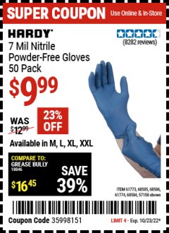 Harbor Freight Coupon 7 MIL HEAVY DUTY POWDER-FREE NITRILE GLOVES PACK OF 50 Lot No. 68504/61775/61773/68506/61774/68505 Expired: 10/23/22 - $9.99