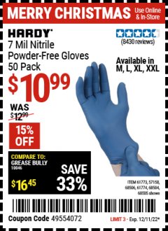 Harbor Freight Coupon 7 MIL HEAVY DUTY POWDER-FREE NITRILE GLOVES PACK OF 50 Lot No. 68504/61775/61773/68506/61774/68505 Expired: 12/11/22 - $10.99