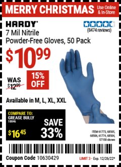 Harbor Freight Coupon 7 MIL HEAVY DUTY POWDER-FREE NITRILE GLOVES PACK OF 50 Lot No. 68504/61775/61773/68506/61774/68505 Expired: 12/26/22 - $10.99