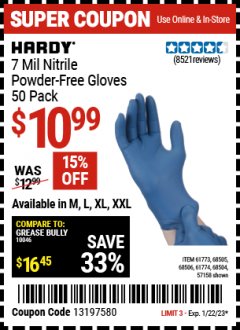 Harbor Freight Coupon 7 MIL HEAVY DUTY POWDER-FREE NITRILE GLOVES PACK OF 50 Lot No. 68504/61775/61773/68506/61774/68505 Expired: 1/22/22 - $10.99