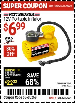 Harbor Freight Coupon 12 VOLT, 150 PSI PORTABLE INFLATOR Lot No. 63109/4077/63152 Expired: 10/12/23 - $6.99