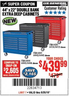 Harbor Freight Coupon 44" X 22" DOUBLE BANK EXTRA DEEP ROLLER CABINETS Lot No. 64444/64445/64446/64441/64442/64443/64281/64134/64133/64954/64955/64956 Expired: 8/26/18 - $439.99