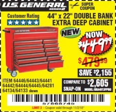 Harbor Freight Coupon 44" X 22" DOUBLE BANK EXTRA DEEP ROLLER CABINETS Lot No. 64444/64445/64446/64441/64442/64443/64281/64134/64133/64954/64955/64956 Expired: 11/2/18 - $449.99