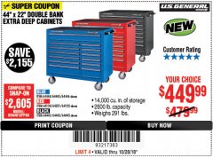 Harbor Freight Coupon 44" X 22" DOUBLE BANK EXTRA DEEP ROLLER CABINETS Lot No. 64444/64445/64446/64441/64442/64443/64281/64134/64133/64954/64955/64956 Expired: 10/28/18 - $449.99