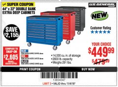 Harbor Freight Coupon 44" X 22" DOUBLE BANK EXTRA DEEP ROLLER CABINETS Lot No. 64444/64445/64446/64441/64442/64443/64281/64134/64133/64954/64955/64956 Expired: 11/4/18 - $449.99