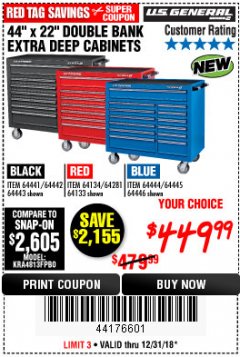 Harbor Freight Coupon 44" X 22" DOUBLE BANK EXTRA DEEP ROLLER CABINETS Lot No. 64444/64445/64446/64441/64442/64443/64281/64134/64133/64954/64955/64956 Expired: 12/31/18 - $449.99