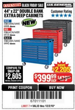 Harbor Freight Coupon 44" X 22" DOUBLE BANK EXTRA DEEP ROLLER CABINETS Lot No. 64444/64445/64446/64441/64442/64443/64281/64134/64133/64954/64955/64956 Expired: 12/2/18 - $399.99