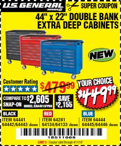 Harbor Freight Coupon 44" X 22" DOUBLE BANK EXTRA DEEP ROLLER CABINETS Lot No. 64444/64445/64446/64441/64442/64443/64281/64134/64133/64954/64955/64956 Expired: 4/11/19 - $449.99
