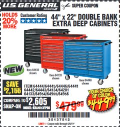 Harbor Freight Coupon 44" X 22" DOUBLE BANK EXTRA DEEP ROLLER CABINETS Lot No. 64444/64445/64446/64441/64442/64443/64281/64134/64133/64954/64955/64956 Expired: 6/6/19 - $449.99