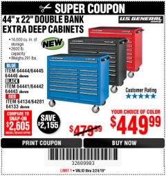 Harbor Freight Coupon 44" X 22" DOUBLE BANK EXTRA DEEP ROLLER CABINETS Lot No. 64444/64445/64446/64441/64442/64443/64281/64134/64133/64954/64955/64956 Expired: 3/24/19 - $449.99