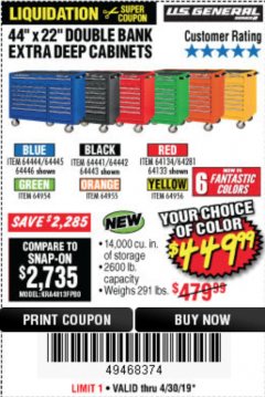 Harbor Freight Coupon 44" X 22" DOUBLE BANK EXTRA DEEP ROLLER CABINETS Lot No. 64444/64445/64446/64441/64442/64443/64281/64134/64133/64954/64955/64956 Expired: 4/30/19 - $449.99