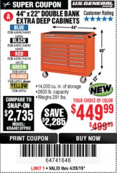 Harbor Freight Coupon 44" X 22" DOUBLE BANK EXTRA DEEP ROLLER CABINETS Lot No. 64444/64445/64446/64441/64442/64443/64281/64134/64133/64954/64955/64956 Expired: 4/28/19 - $449.99