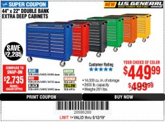 Harbor Freight Coupon 44" X 22" DOUBLE BANK EXTRA DEEP ROLLER CABINETS Lot No. 64444/64445/64446/64441/64442/64443/64281/64134/64133/64954/64955/64956 Expired: 5/12/19 - $449.99