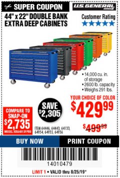 Harbor Freight Coupon 44" X 22" DOUBLE BANK EXTRA DEEP ROLLER CABINETS Lot No. 64444/64445/64446/64441/64442/64443/64281/64134/64133/64954/64955/64956 Expired: 8/25/19 - $429.99
