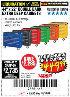 Harbor Freight Coupon 44" X 22" DOUBLE BANK EXTRA DEEP ROLLER CABINETS Lot No. 64444/64445/64446/64441/64442/64443/64281/64134/64133/64954/64955/64956 Expired: 10/31/19 - $449.99